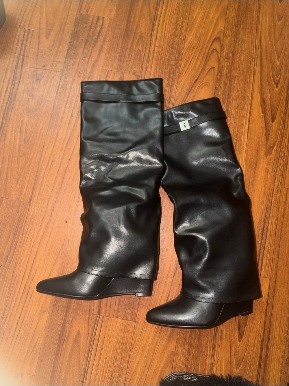 Tall Black Faux-Leather Slouch Boots - wedge heel Women